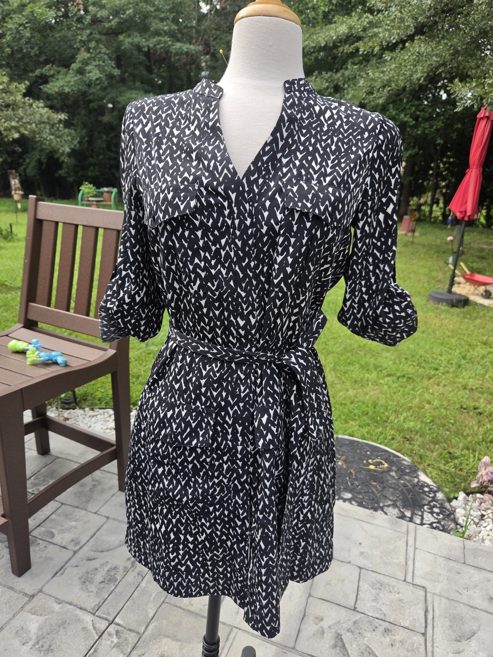Express Black and White Printed Tie-Waist Mini Dress